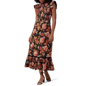 Sea New York Pascale Floral Print Smocked Cottagecore Prairie Midi Dress Size 10
